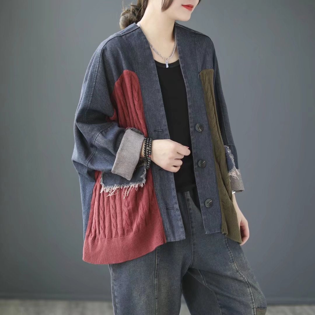 Patchwork Cotton Denim Jacket Women's Vintage Casual - Etsy