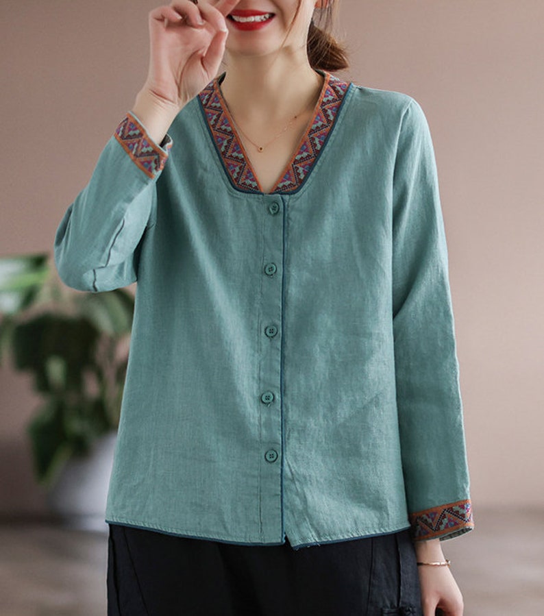 Women's Embroidered Linen Shirt Vintage Boho Shirt Etsy