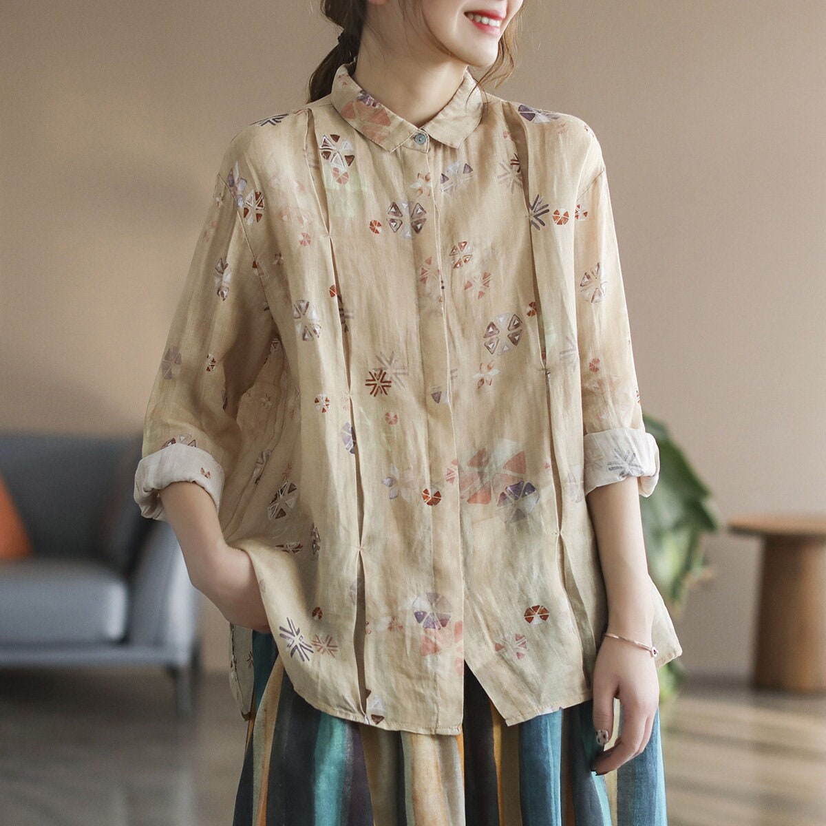 Women's Vintage Printed Ramie Shirts 