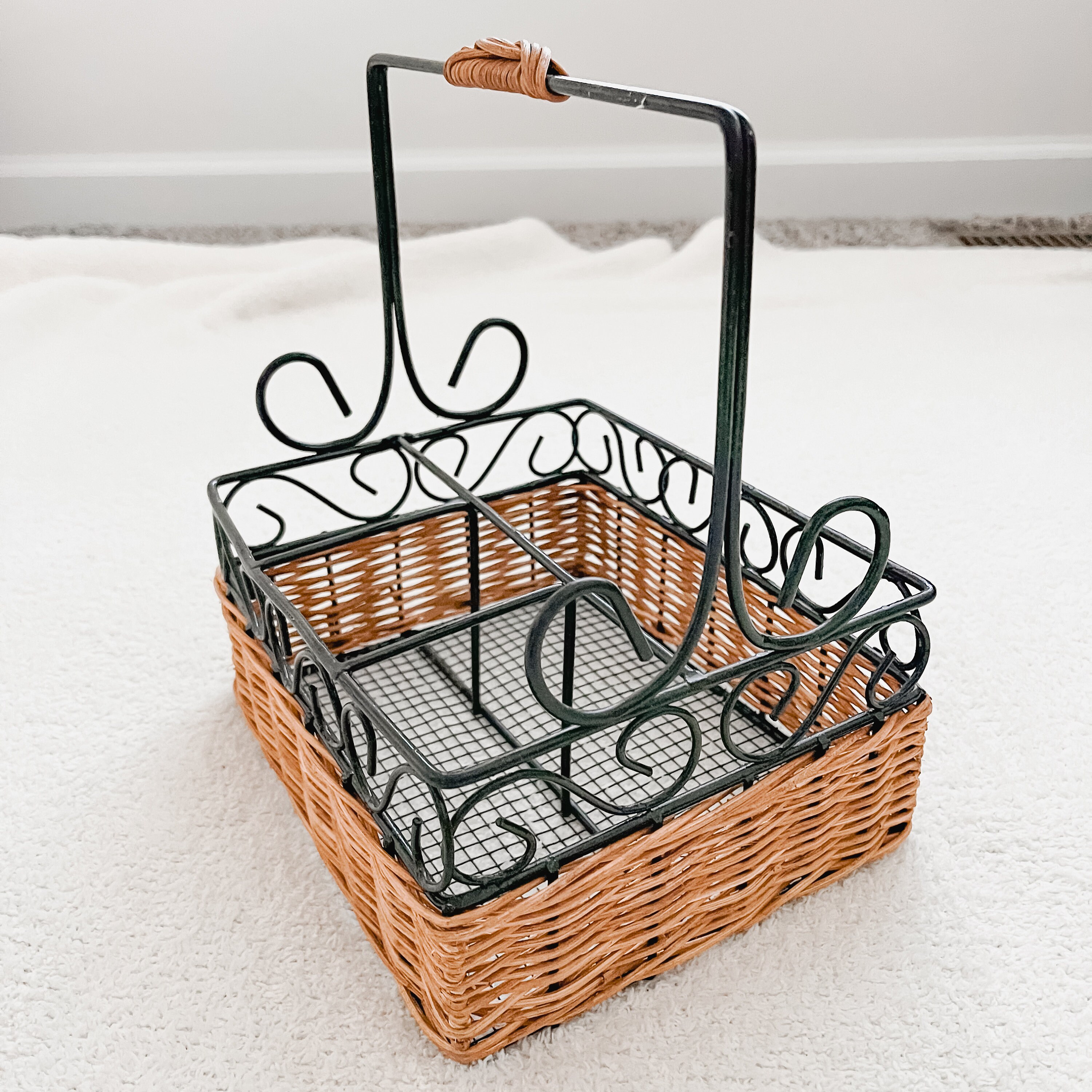 Vintage Wicker & Wire Iron Silverware Storage Basket Etsy