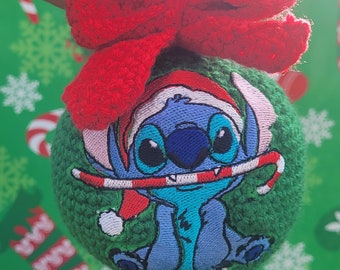 Disney stitch Christmas ornament with bow all handmade
