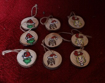 Grinch 3 Set de madera pintada a mano adornos grinch decoración Chrismas árbol grinchmas decoraciones, hechas a mano pintadas a mano