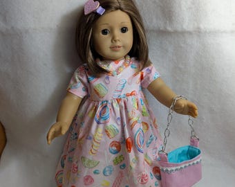 18 in pink doll dress, AG doll pink dress outfit, dress, purse, shoes, jewelry, underwear, shoes, hairbow, 6 pieces