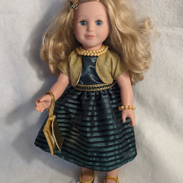 18" doll holiday dress, AG doll dress, AG doll jewelry, 18in doll dress, AG doll shoes, 18" doll green dress, 18" doll fancy dress, doll set