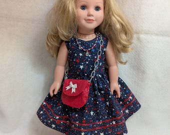 18 in doll Patriotic dress, AG doll stars & stripes dress, underwear, jewelry, shoes, purse, hairbow, 6 pieces