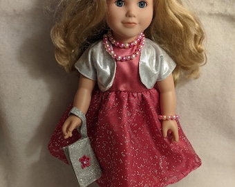 18-in doll fancy pink dress, AG pink doll dress outfit, dress, jacket, purse, jewelry, hairbow, underwear, 8 pieces