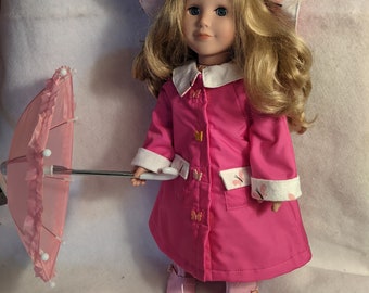 18" doll raincoat, AG doll pink raincoat, raincoat, hat, umbrella, boots, duckie, butterfly pattern, 5 pieces, fancy buttons