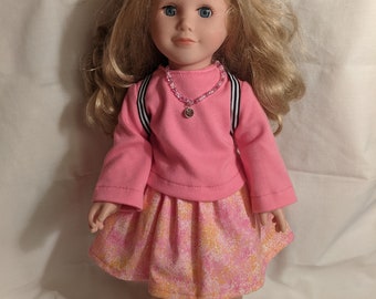18 in doll skirt outfit, AG doll pink sparkle skirt, jewelry, backpack, clipboard, pen, headband, shoes, 8 pieces