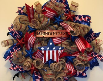 Patriotic wreath, Religious patriotic wreath, star patriotic wreath, sparkly patriotic wreath, Memorial day wreath, 4th of July wreath