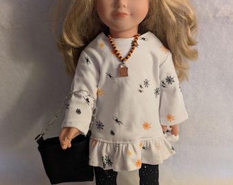 18-in doll outfit, AG doll Halloween outfit, tunic top, leggings, purse, hairbow, sneakers jewelry, 6 pieces