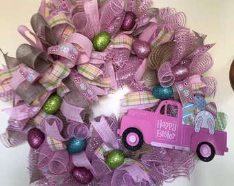 Easter truck wreath, Easter wreath, pink Easter wreath, Bunny wreath, Pink truck wreath, Easter bunny truck wreath, Easter egg wreath