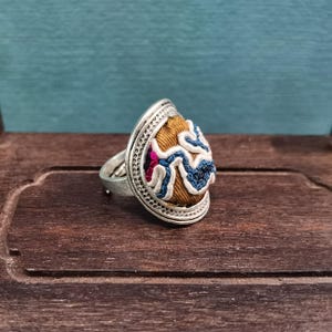ANTIQUE EMBROIDERY Ring, Miao Hmong Silver Ring, Boho Ring, Adjustable Ring, Gift For Her, Birthday Gift, Oriental Jewelry, Chinese Jewelry