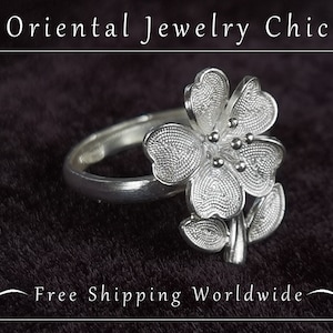 FINE SILVER FILIGREE Rings, 99 Silver Miao Hmong Tribal Ring, Floral Ring, Gift For Her, Birthday Gift, Oriental Jewelry, Nature Lover Gift