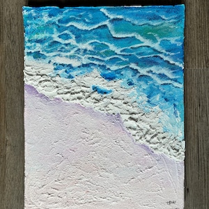 Handmade Acrylic Quartz Sand Textured Painting on Canvas (Beach and Wave)