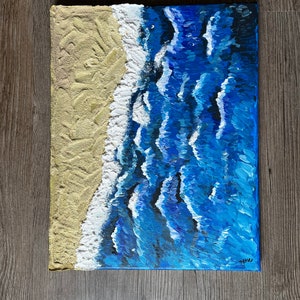 Handmade Acrylic Quartz Sand Textured Painting on Canvas (Beach and Wave)