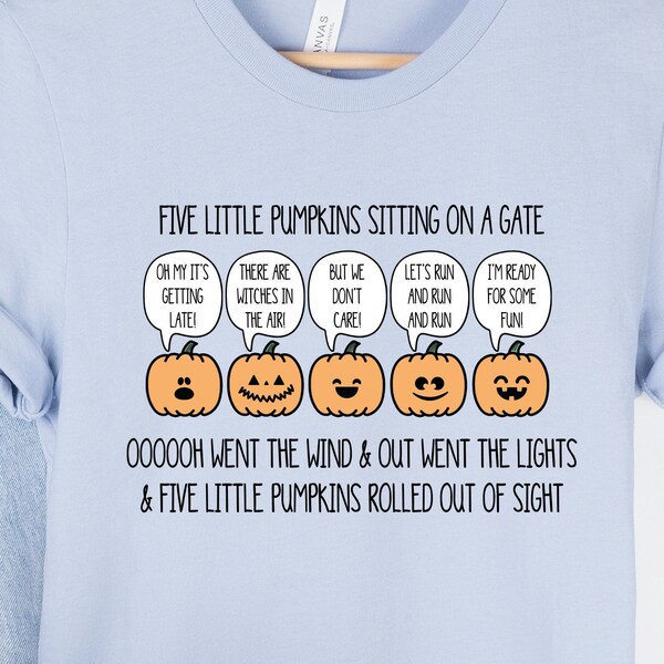 Five Little Pumpkins Nursery Rhyme Song T-Shirt, Halloween pumpkin story unisex tee, Gift for Toddler Preschool or Kindergarten Teacher