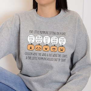 Five Little Pumpkins Nursery Rhyme Song Sweatshirt, Halloween pumpkin story, Gift for Toddler Preschool or Kindergarten Teacher, Unisex