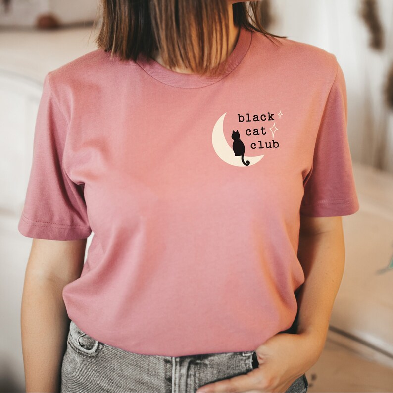 Black Cat Club Pocket Design Tshirt Black Cat Moon Tee Gift Etsy