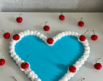 Blue Cherry Heart Faux Cake Tray