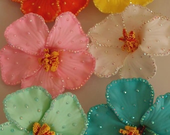 Set of 4 - 6 Hand-bedazzled Hibiscus Flower Hair Clips - Zara