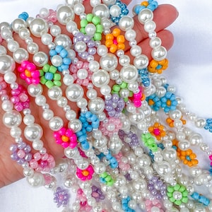 Beaded Flower Necklace Woven Bead & Faux Pearl Coconut Girl