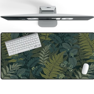Botanical Forest Desk Mat | Cottagecore Office Desk Design | Cute Plant Office Decor & Extended Keyboard Mat | Fern Leaves Mousepad Gift