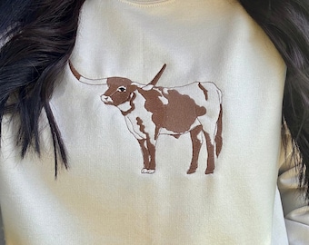 Embroidered Longhorn Sweatshirt | Cow Sweatshirt | Longhorn Crewneck Sweatshirt | Ranching Crewneck | Cattle Shirt | Embroidered Rodeo Gift