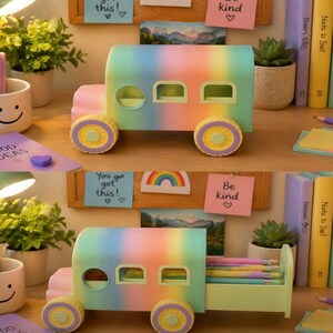Portapenne ispirato a Magic School Bus – Ruote mobili / Organizzatore da scrivania stampato in 3D