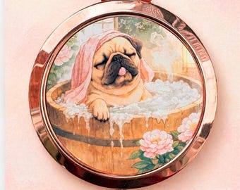 Cute Pug Compact Mirror – Rose Gold Pocket Mirror | Relaxing Spa Dog Design