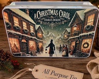 Caja metálica multiusos de estilo victoriano inspirada en "Cuento de Navidad" / Caja de recuerdos blanca brillante