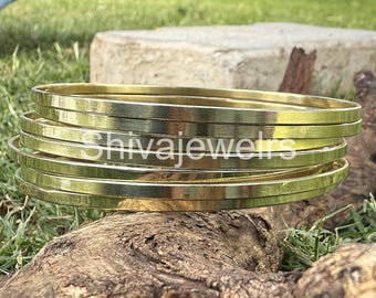 Handmade Brass Bangle Set of 7: Flat Solid Bangles