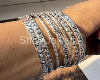 Handmade Sterling Silver Celestial Bangle Set: Thin Stacking Bracelets
