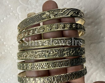Solid Brass Set of 6 Designer Bangles: Boho Handmade Brass Indian Jewelry Gifts For Woman