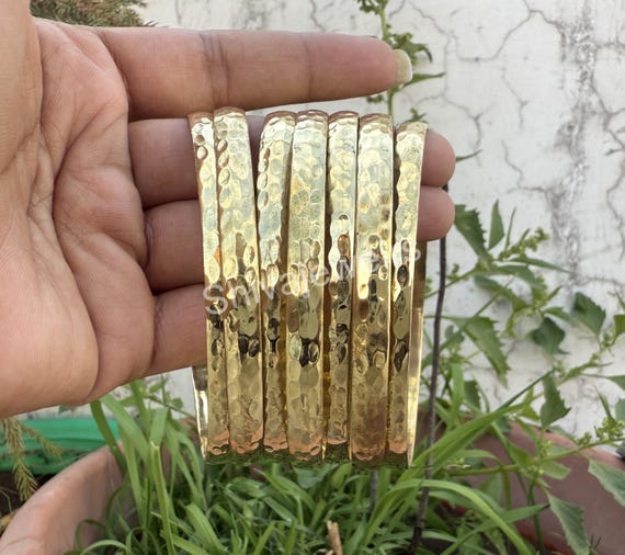 Set of 7 Hammered Brass Bangles: Solid Half Round Style
