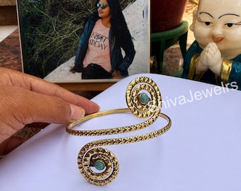 Gold Plated Spiral Arm Cuff Bracelet, Aquamarine Gemstone, Boho Statement Jewelry
