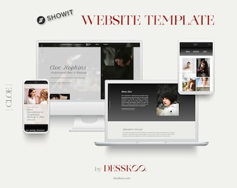 May include: Website template mockup showing a desktop computer, laptop, and mobile phone displaying a website for a hair and makeup artist. The website features a black and white color scheme with a minimalist design. The text on the website reads "Cloe Hopkins Professional Hair & Makeup" and "Meet Cloe".