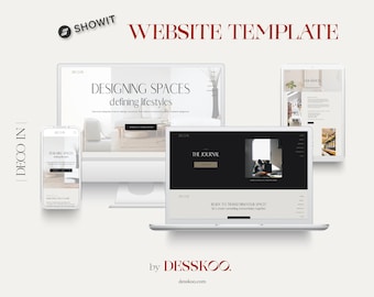 May include: Website template for interior designers featuring a black and white laptop mockup with the text "The Journal" and "Ready to transform your space?"  The website also features a desktop mockup with the text "Designing Spaces defining lifestyles" and a mobile mockup with the text "Designing Spaces defining lifestyles".