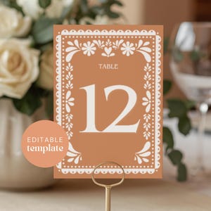 Numeros de Mesa Papel Picado Editable Canva, Plantilla Imprimible 5x7 para Boda Mexicana, Decoracion Hacienda Talavera