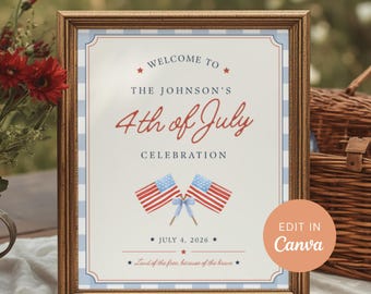 Willkommensschild zum 4. Juli, Schilder für patriotische Partys, bearbeitbare Canvas-Vorlage, amerikanische Partydekoration