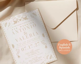 Papel Picado Mexican Wedding Invitation Template, Editable Canva Invite, Bilingual Spanish English, Instant Download