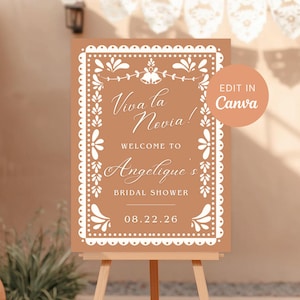 Papel Picado Bridal Shower Welcome Sign Template, Viva La Novia, Editable Canva (Printable PDF)