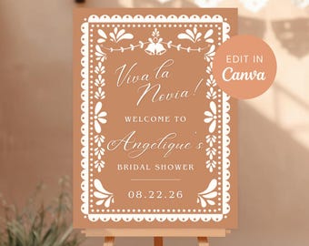 Papel Picado Bridal Shower Welcome Sign Template, Viva La Novia Sign, Mexican Theme Editable Canva Poster, Fiesta Printable Decor