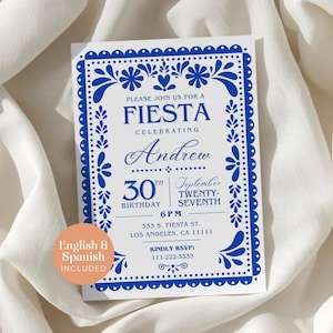 Papel Picado Birthday Invitation Template, Blue Mexican Fiesta Invite, Editable Canva Invitation, Bilingual Spanish English Download