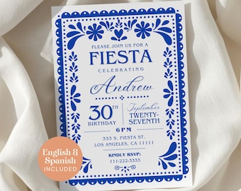 Papel Picado Birthday Invitation Template, Blue Mexican Fiesta Invite, Editable Canva Invitation, Bilingual Spanish English Download