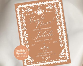 Papel Picado Bridal Shower Invitation Template, Viva La Novia Editable Canva Invite, Mexican Fiesta Spanish English Digital Download