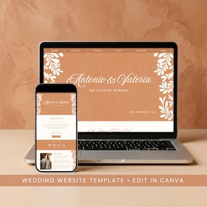 May include: A laptop and a smartphone displaying a wedding website template with a terracotta background, white floral borders, and the text Antonio & Valeria are getting married, Los Angeles, CA. The screen shows navigation menus and event details.