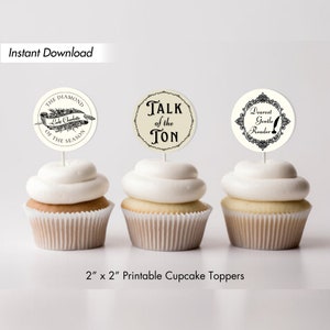 May include: Three 2 inch by 2 inch printable cupcake toppers featuring Jane Austen themed designs. The toppers feature the text "The Diamond of the Season", "Talk of the Ton", and "Dearest Gentle Reader".