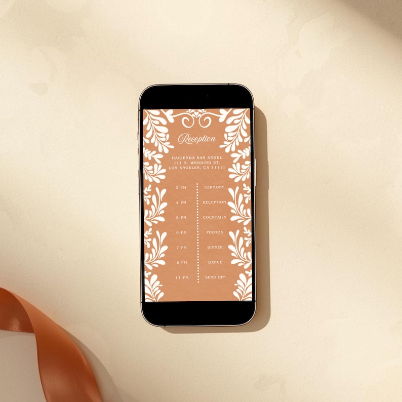 Wedding invitation timeline slide displayed on iPhone showing reception schedule and event details