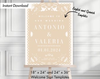 Papel Picado Cartel de Bienvenida Para Boda, Tradicional Estilo Hacienda Mexico, Temática Cielito Lindo Letrero, Plantilla Digital Imprimibl