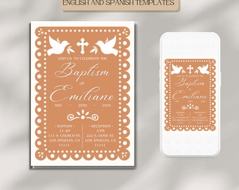Papel Picado Baptism Party Invitation Invite, Invitacion de Bautizo Fiesta, Editable Digital Printable Instant Template, Gender Neutral